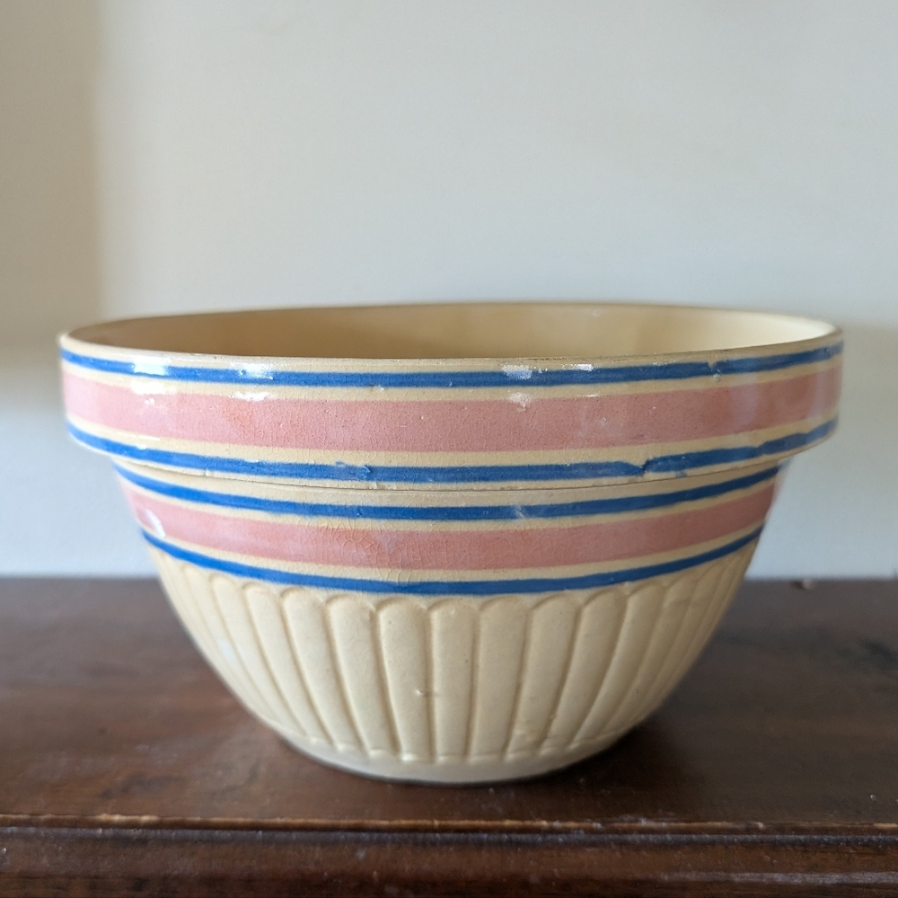 Antique Rare Stoneware Yellow Ware Banded Ribbed Rim Mixing Bowl Country Farm